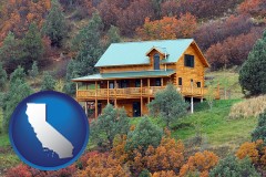 california map icon and a mountainside vacation home