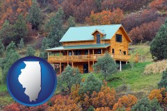 illinois map icon and a mountainside vacation home