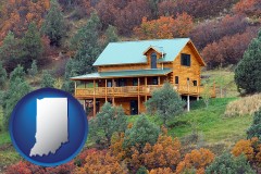 indiana map icon and a mountainside vacation home
