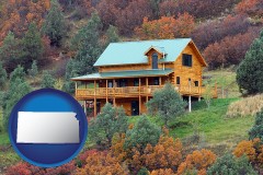 kansas map icon and a mountainside vacation home