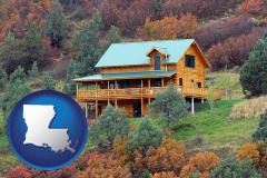 louisiana map icon and a mountainside vacation home