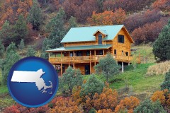 massachusetts map icon and a mountainside vacation home