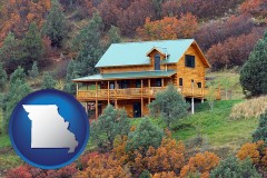 missouri map icon and a mountainside vacation home