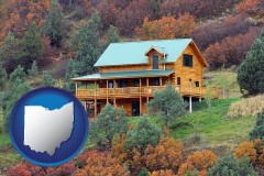 ohio map icon and a mountainside vacation home