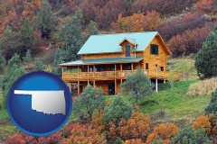 oklahoma map icon and a mountainside vacation home