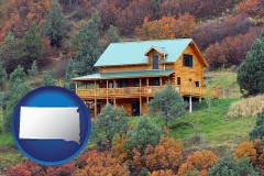 south-dakota map icon and a mountainside vacation home