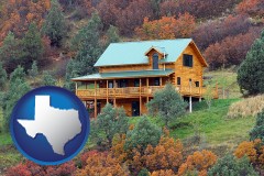 texas map icon and a mountainside vacation home