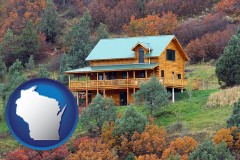 wisconsin map icon and a mountainside vacation home