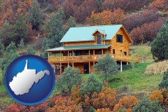 west-virginia map icon and a mountainside vacation home